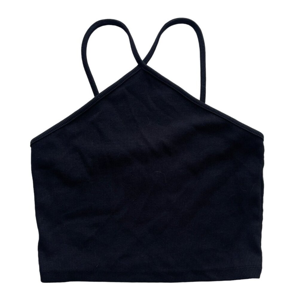 Zara Women's Large L LG Black Ribbed Cotton Elastane Spaghetti Strap Crop Top